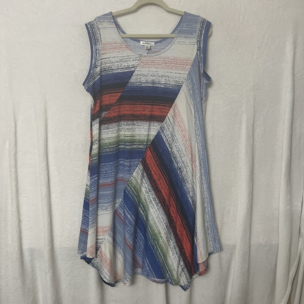 John Paul Richard Striped Maxi T- Shirt Dress Hi Low Hem Multicolor Capsleeve XL